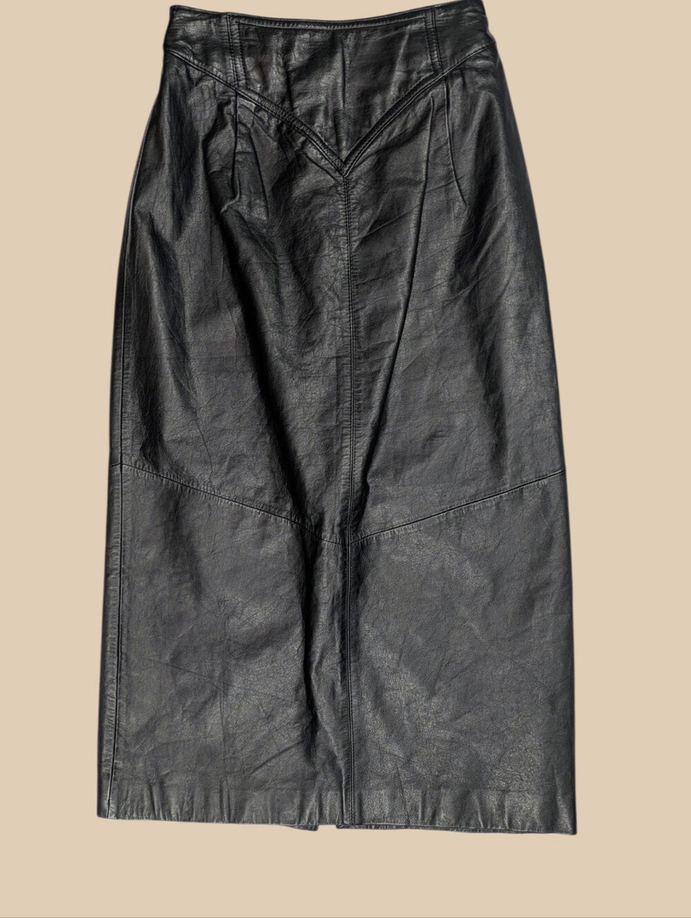 80s Black Leather Midi Skirt